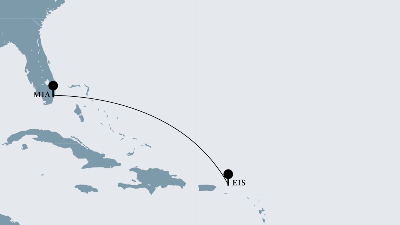 Flight path from MIA to EIS Airport